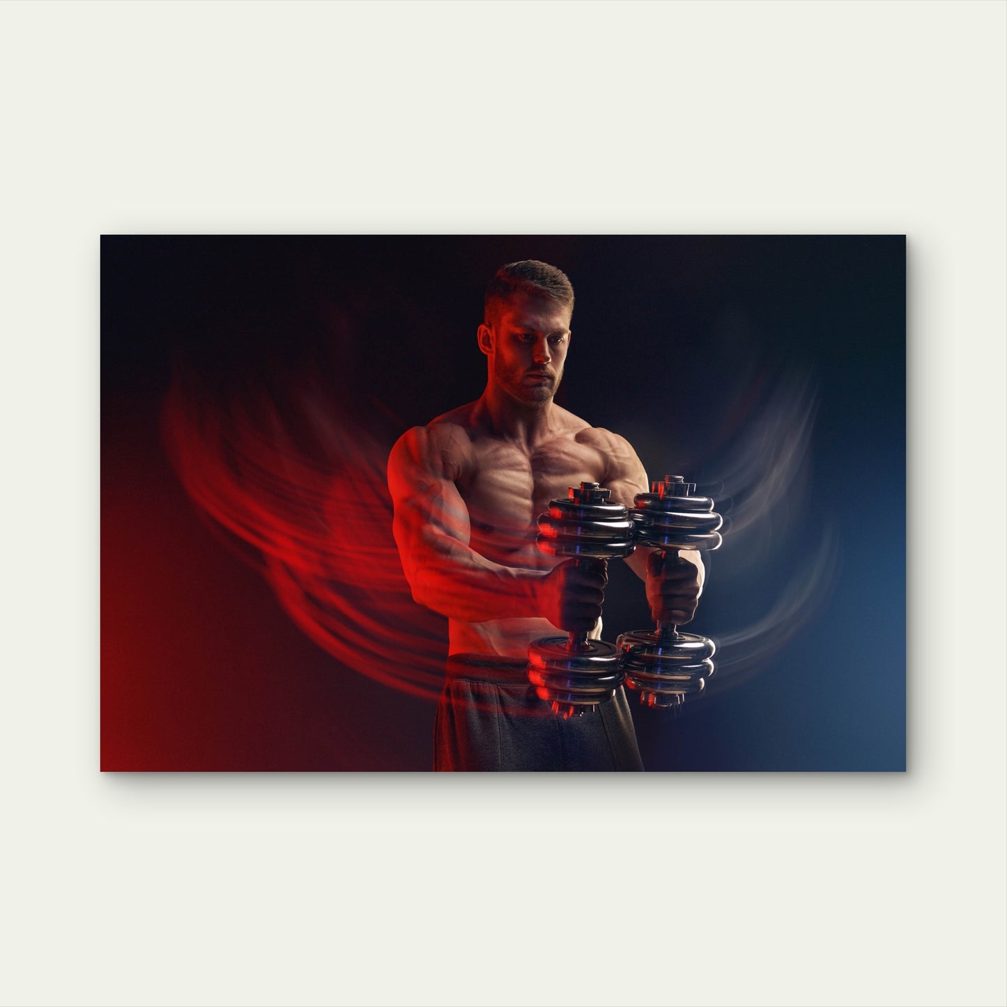 Man Lifting Dumbbells With Motion Blur Red Light Gym Fitness 5mm thick Plastic Poster Ready to Hang 90x60cm