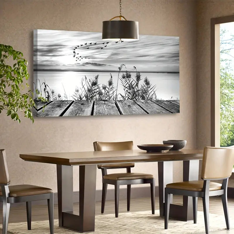 Black & White Sunset Lake Flying Birds Wall Art canvas office home room framed 120x60cm - Bella Home Decor