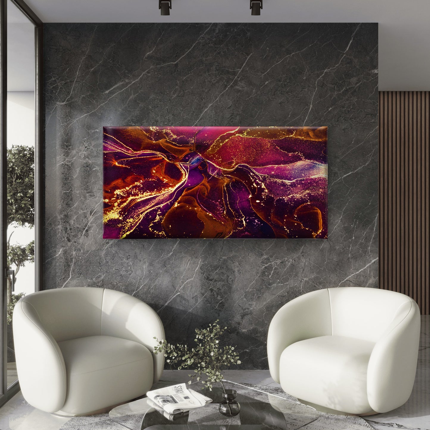 Crimson Rivers Of Gold Wall Art Canvas Office Home Room Framed 120x60cm - Bella Home Decor