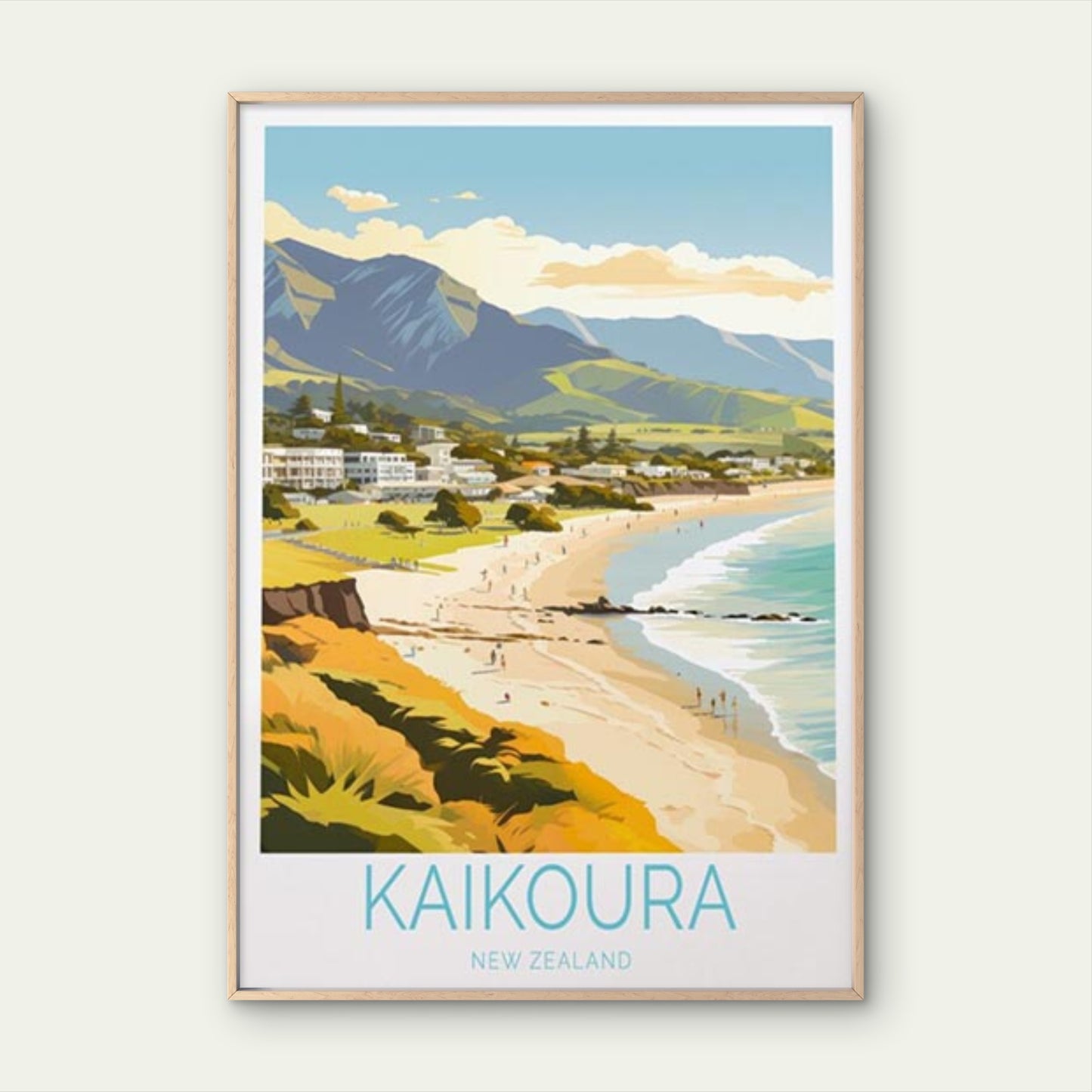 Kaikoura New Zealand, Beach & Mountains Travel Poster Print Wall Art