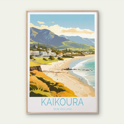Kaikoura New Zealand, Beach & Mountains Travel Poster Print Wall Art