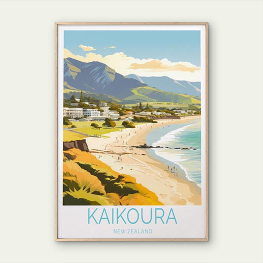 Kaikoura New Zealand, Beach & Mountains Travel Poster Print Wall Art