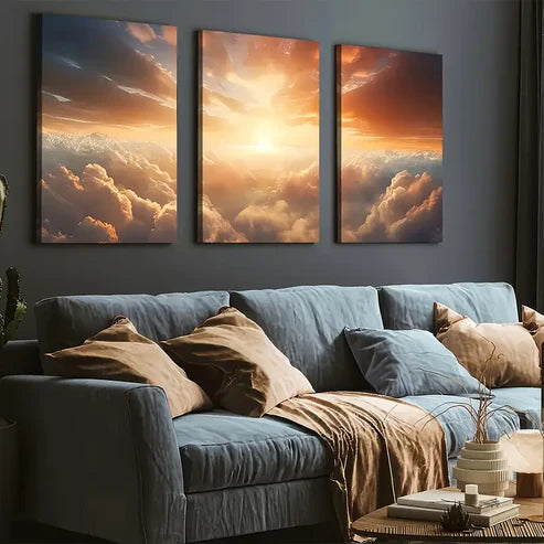 3pcs Modern Sky Cloud Golden Sunrise Wall Art Set Canvas Unframed - High Quality Print 100% Australian Made Wall Canvas