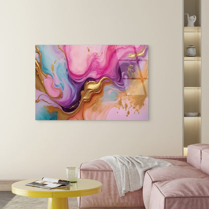 Pink Purple Teal Gold Abstract Marble  Acrylic Glass Printing Wall Art Australian Made Quality