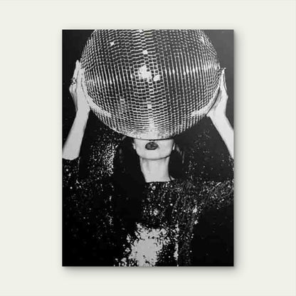 Woman with Disco Ball Head Sequin Dress Metal Print Ready to Hang - Bella Home Decor