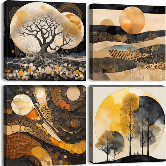 4pcs Abstract Morandi Yellow Brown, Golden  Wall Art Canvas Framed