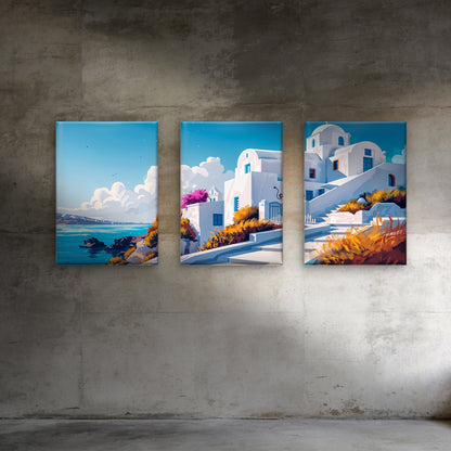 3pcs Greece Santorini Coastal White Architecture Wall Art Set Canvas Framed 40x60cm - High Quality Print 100% Australian Made Wall Canvas Ready to Hang