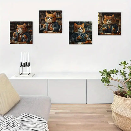 4pcs Funny Fat Cat Doctor Wears Glasse Wall Art Canvas Framed
