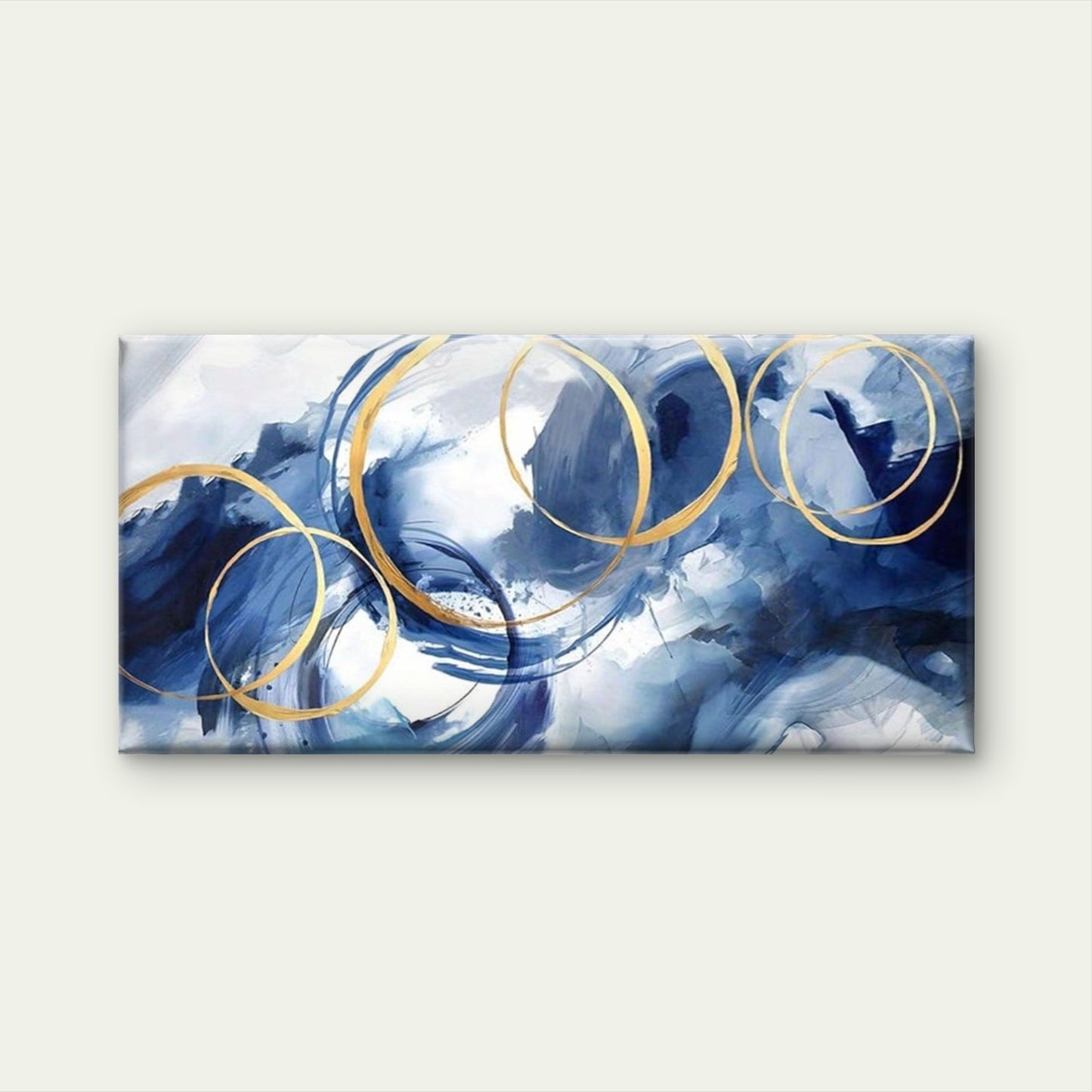 Blue Gold Abstract Rings Wall Art Canvas Office Home Room Framed 120x60cm