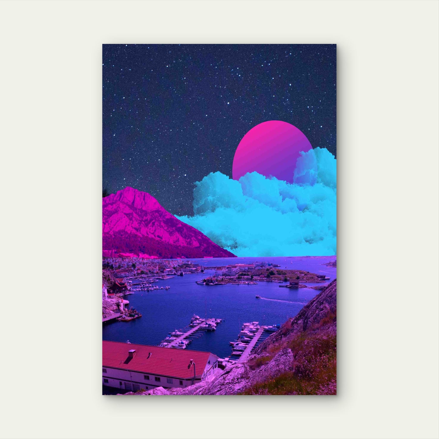 Surreal Coastal Moonrise Over The Neon Harbor Metal Print Ready to Hang - Bella Home Decor