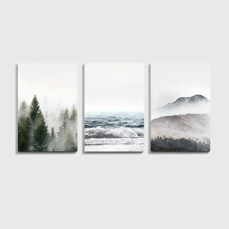 3pcs Foggy Forest Ocean Mountain Scene Wall Art Set Canvas Framed 50x70cm - High Quality Print 100% Australian Made Wall Canvas Ready to Hang - Bella Home Decor