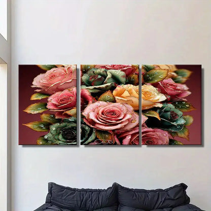 3pcs Rose Bouquet Floral Painting Metal Print Ready to Hang Art