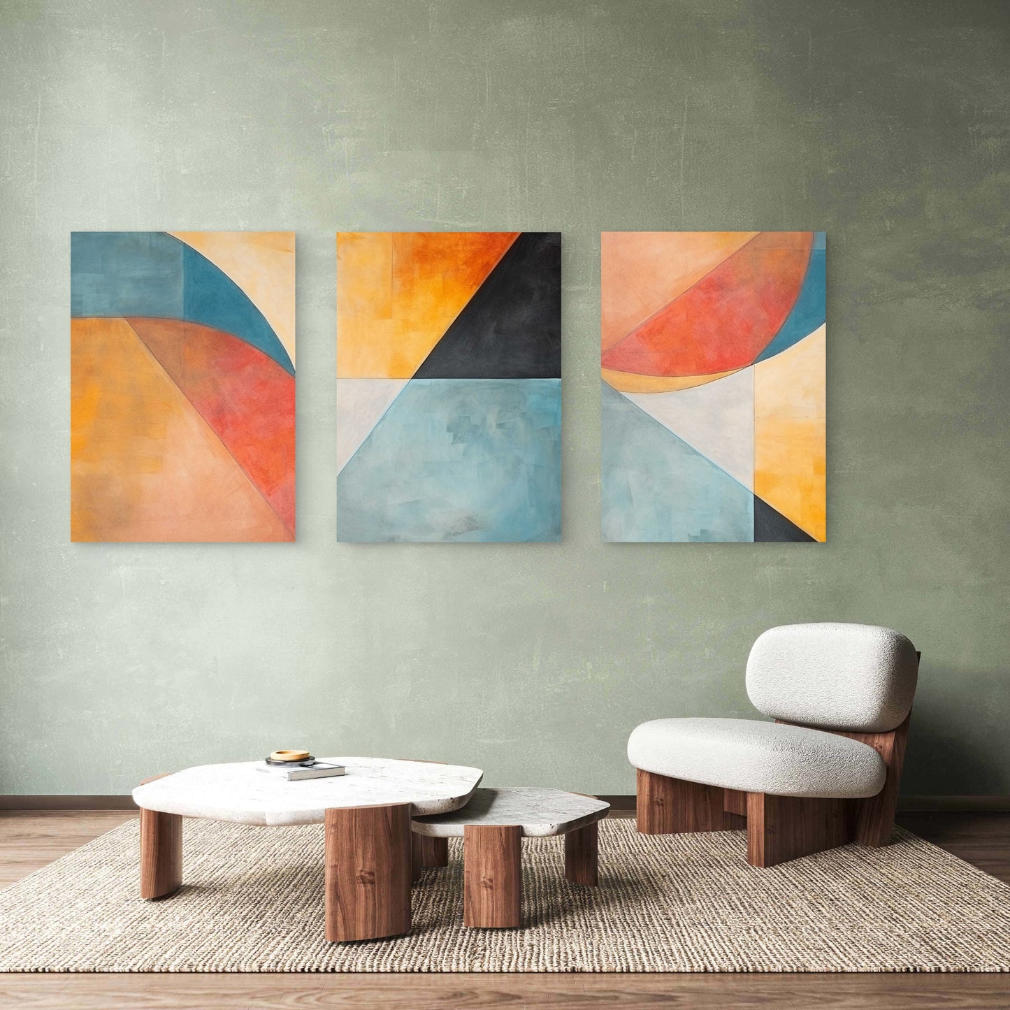 3pcs Boho Teal Ochre Geometric Abstract Modern  Wall Art Set Canvas Framed 60x90cm - High Quality Print 100% Australian Made Wall Canvas Ready to Hang