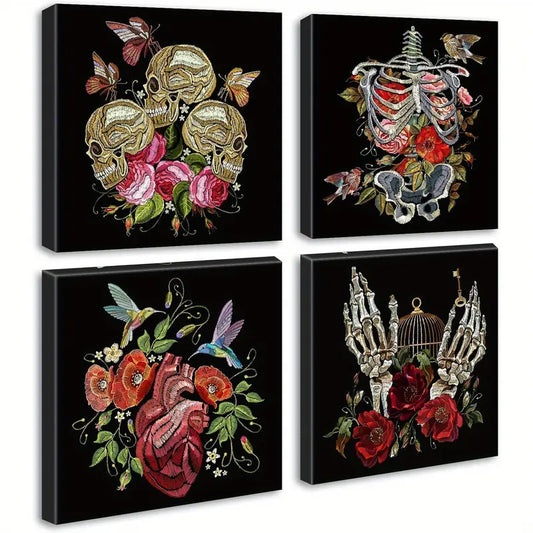 4pcs Gothic Skull & Rose  Dark Aesthetic  Wall Art Canvas Framed