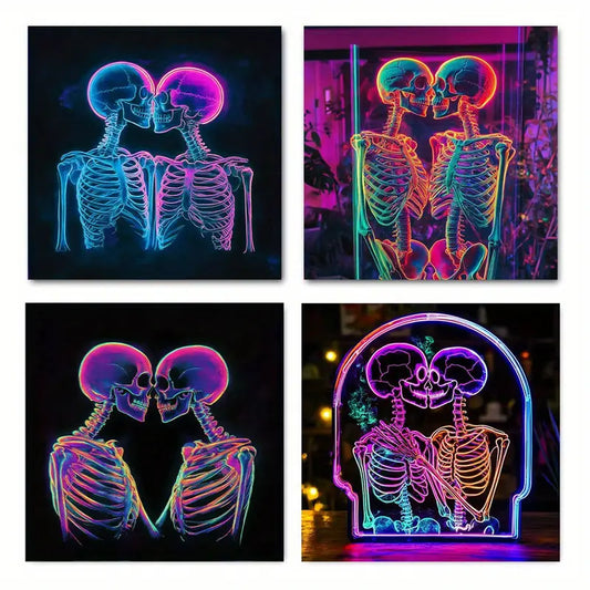 4pcs Neon Skull Embrace  RU     Wall Art Canvas Framed