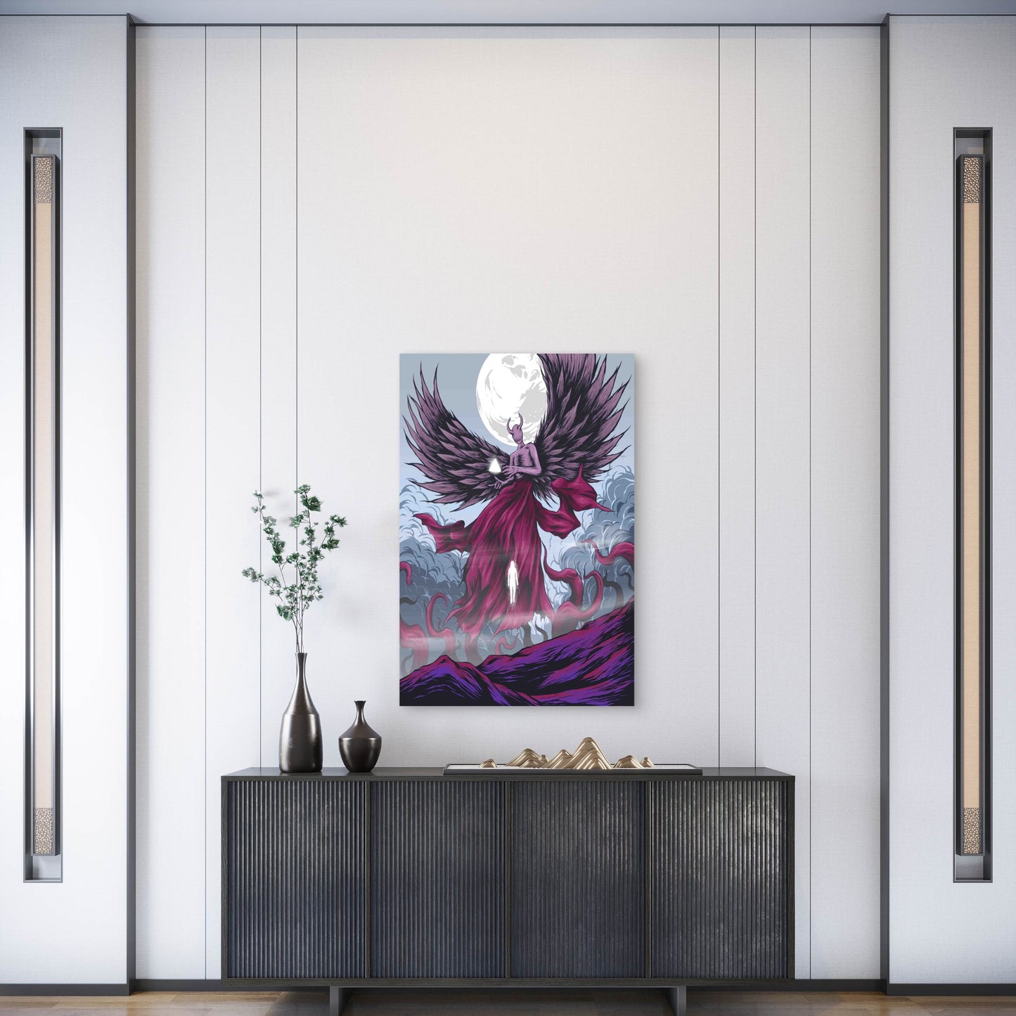 Angel And Demon Holding Hands Under The Moon Metal Print Ready to Hang