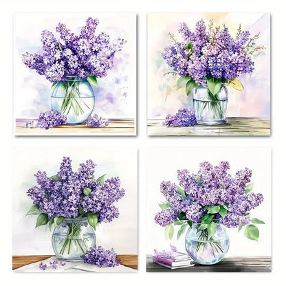 4pcs Purple Flowers Book Wall Art Canvas Framed