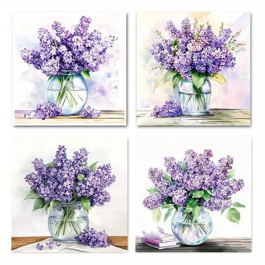 4pcs Purple Flowers Book Wall Art Canvas Framed