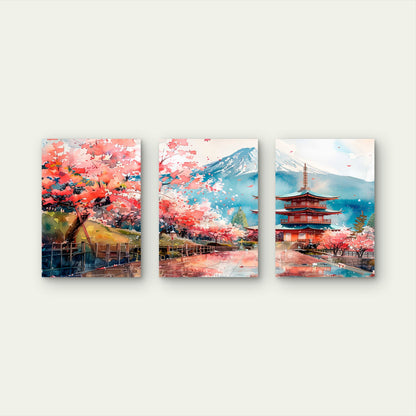3pcs Cherry Blossoms Frame Mount Fuji Triptych Wall Art Set Canvas Framed 40x60cm - High Quality Print 100% Australian Made Wall Canvas Ready to Hang - Bella Home Decor