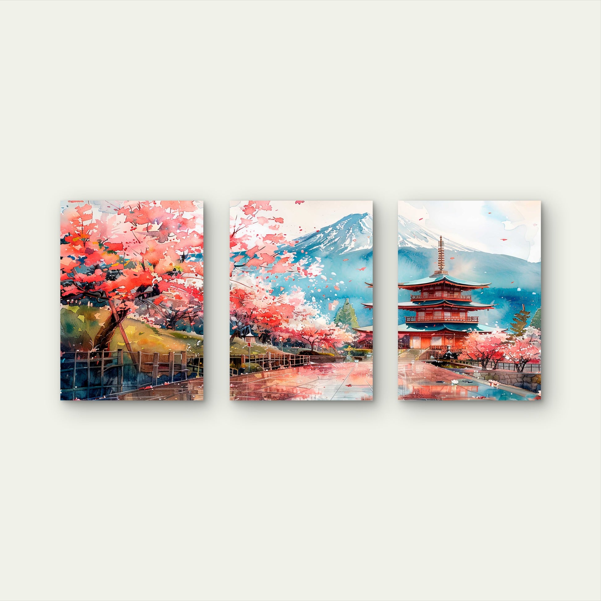 3pcs Cherry Blossoms Frame Mount Fuji Triptych Wall Art Set Canvas Framed 60x90cm - High Quality Print 100% Australian Made Wall Canvas Ready to Hang - Bella Home Decor