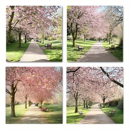 4pcs Pink Cherry Blossom Pathway With Benches  Wall Art Canvas Framed