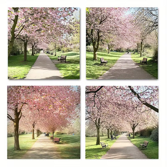 4pcs Pink Cherry Blossom Pathway With Benches  Wall Art Canvas Framed
