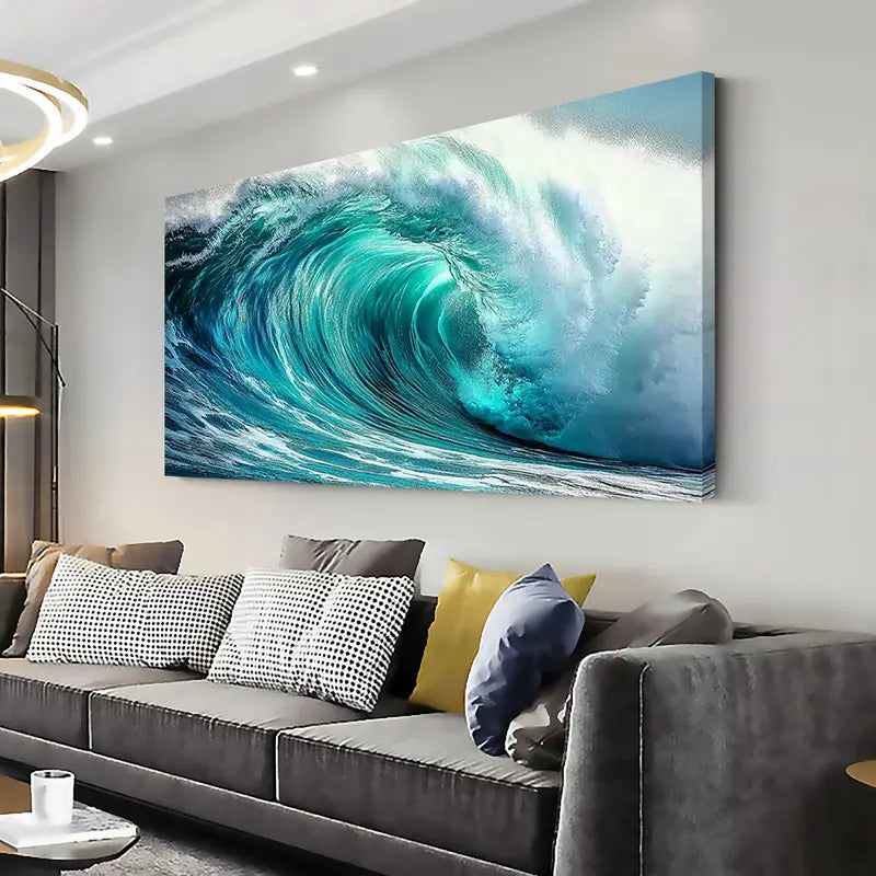 Beach  Blue & White Waves  wall canvas office home room framed 120x60cm - Bella Home Decor