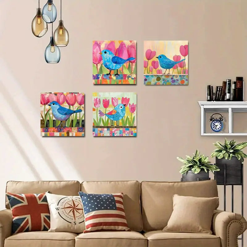 4pcs  Blue Bird & Tulip Floral  BB  Wall Art Canvas Framed