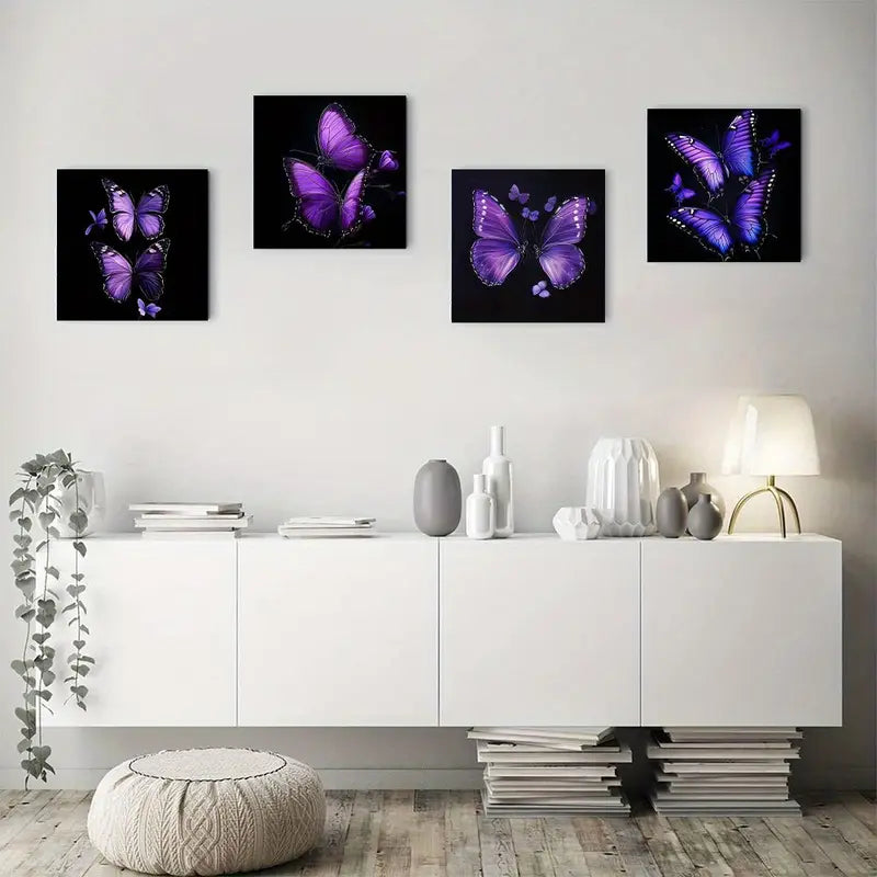 4pcVibrant Purple Butterfly  Wall Art Canvas Framed
