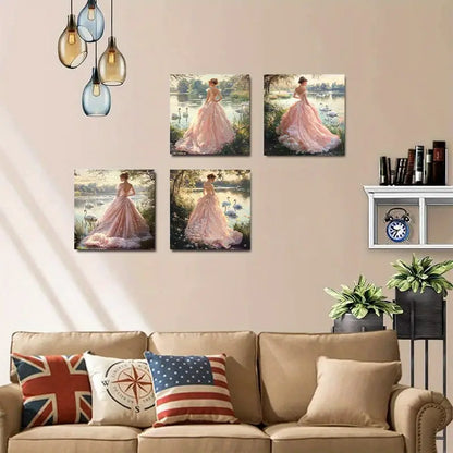 4pcs Girl Goose Lak picture Wall Art Canvas Framed
