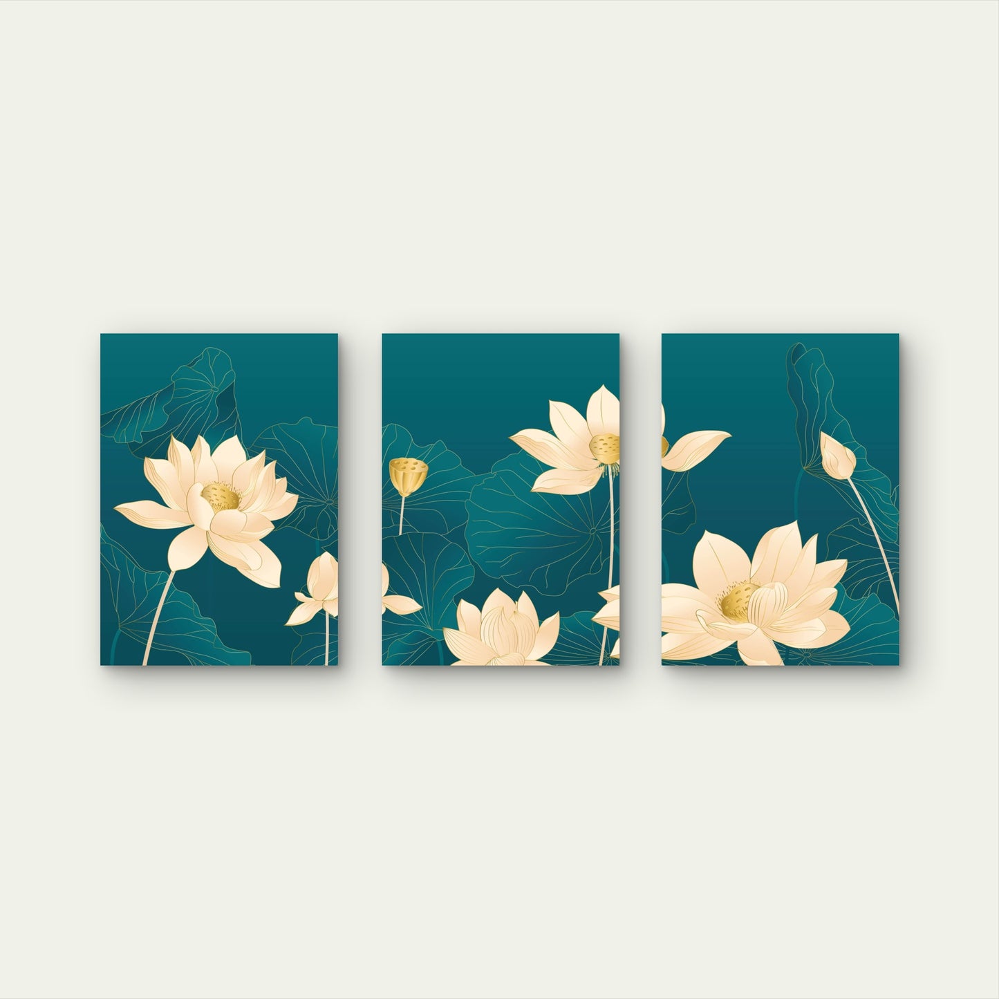 3pcs Golden Lotus Botanical Illustration  Wall Art Set Canvas Framed 50x70cm - High Quality Print 100% Australian Made Wall Canvas Ready to Hang