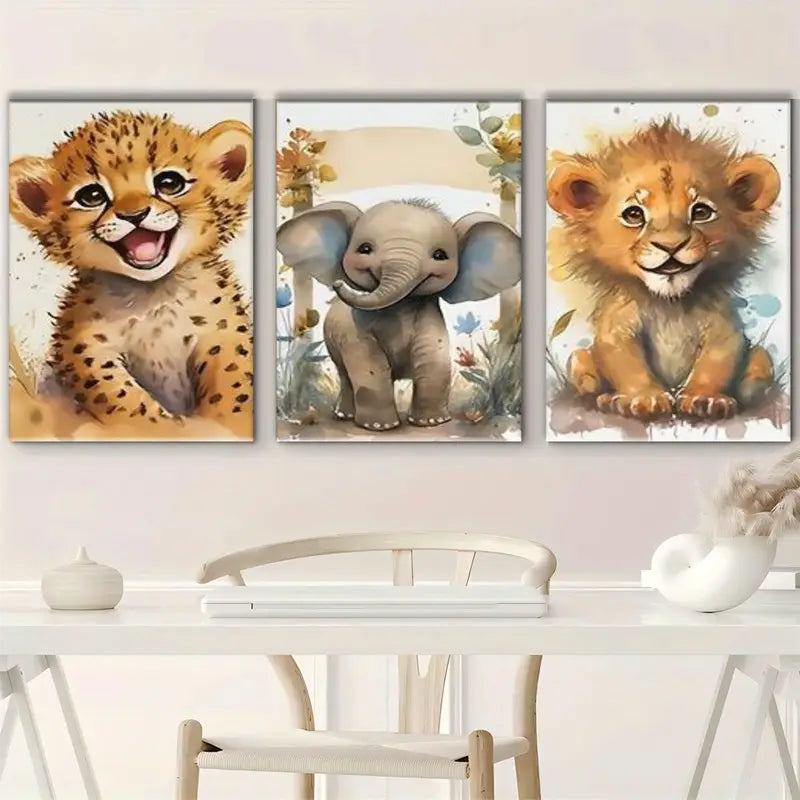 3pcs Rustic Jungle Animal Cheetah, Lion, Elephant Metal Print Ready to Hang Art