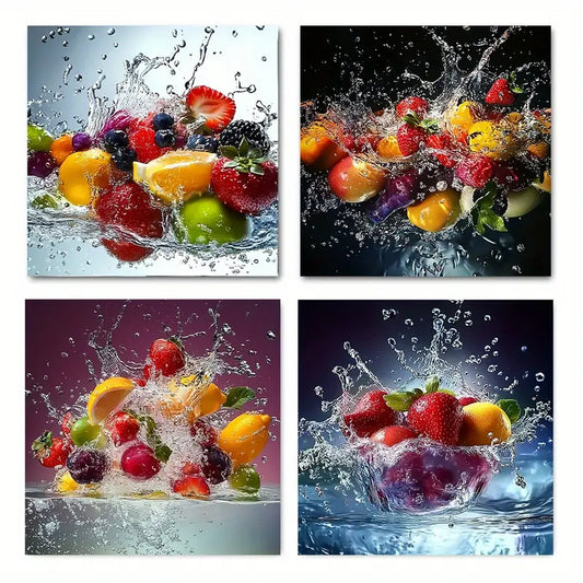 4pcs Fresh Fruits & Vegetables in Splashy  FV   Wall Art Canvas Framed