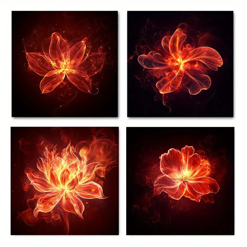 4pcs Fire Flowe Art Deco Wall Art Canvas Framed