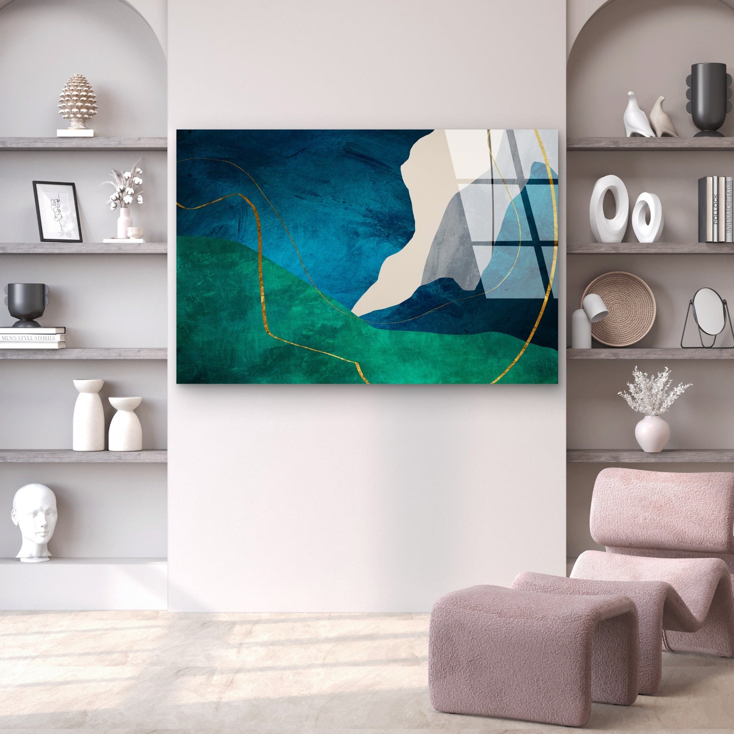 Navy Blue Emerald Green Gold Abstract Acrylic Glass Printing Wall Art Australian Made Quality