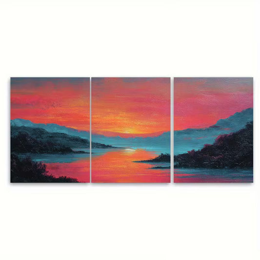 3pcs Seamless Continuous Artwork, Red Sunset Metal Print Ready to Hang Art