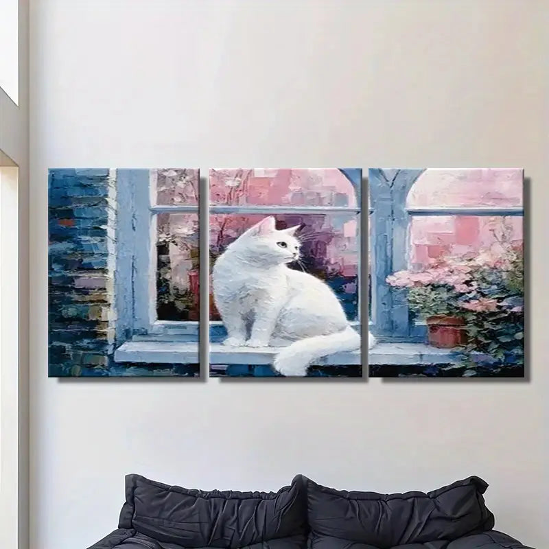3pcs Abstract White Cat On Window Sill Metal Print Ready to Hang Art - Bella Home Decor