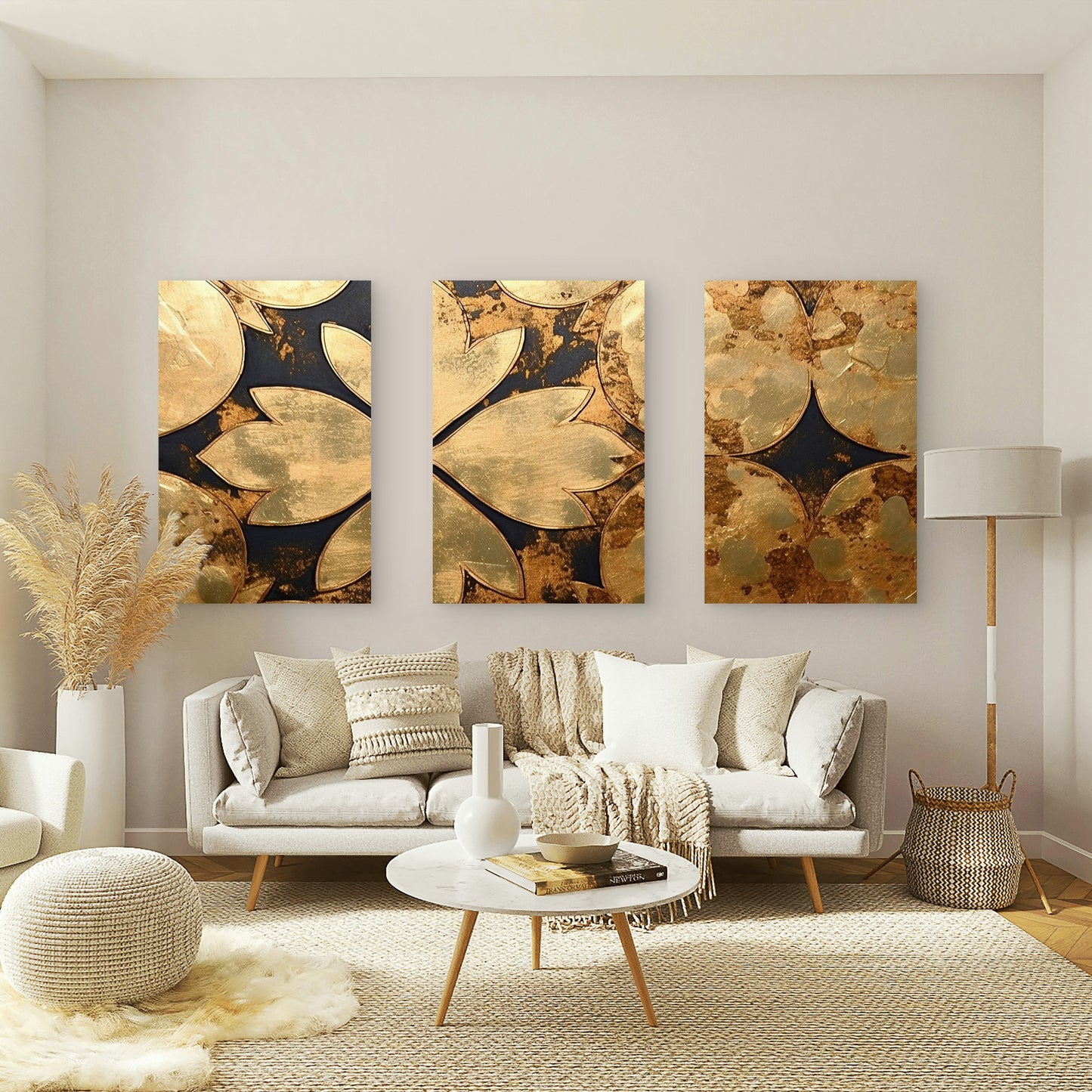 3pcs Gold Lotus Flower Abstract Modern  Wall Art Set Canvas Framed 40x60cm - High Quality Print 100% Australian Made Wall Canvas Ready to Hang