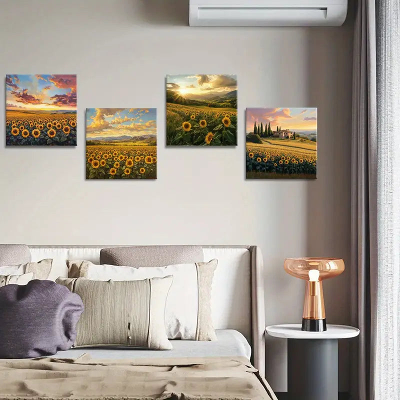 4pcs Sunflower Fields, Mountain Scenes, And Nature Wall Art Canvas Framed
