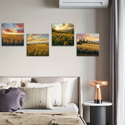 4pcs Sunflower Fields, Mountain Scenes, And Nature Wall Art Canvas Framed