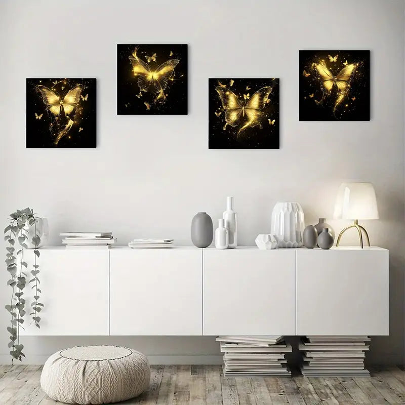 4pcs Golden Butterfly With Sparkling Golden Wall Art Canvas Framed