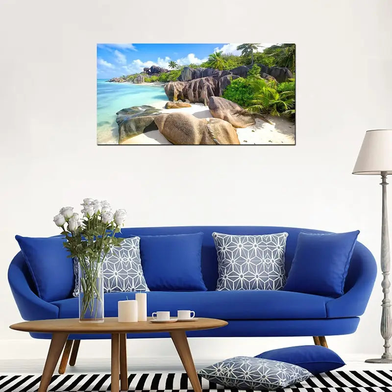 Beach Tropical Coconut Trees Sandy Shore Turquoise Waters & Lush Greenery Wall Art canvas office home room framed 120x60cm - Bella Home Decor