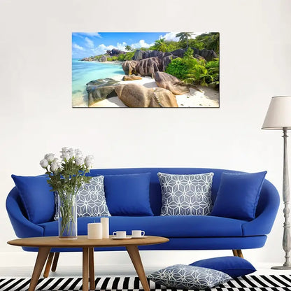 Beach Tropical Coconut Trees Sandy Shore Turquoise Waters & Lush Greenery Wall Art canvas office home room framed 120x60cm - Bella Home Decor