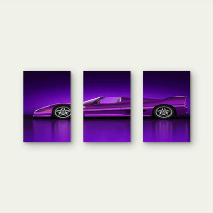 3pcs Synthwave Purple Retro Exotic Sports Car Metal Print Ready to Hang Art