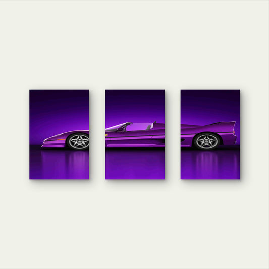 3pcs Synthwave Purple Retro Exotic Sports Car Metal Print Ready to Hang Art