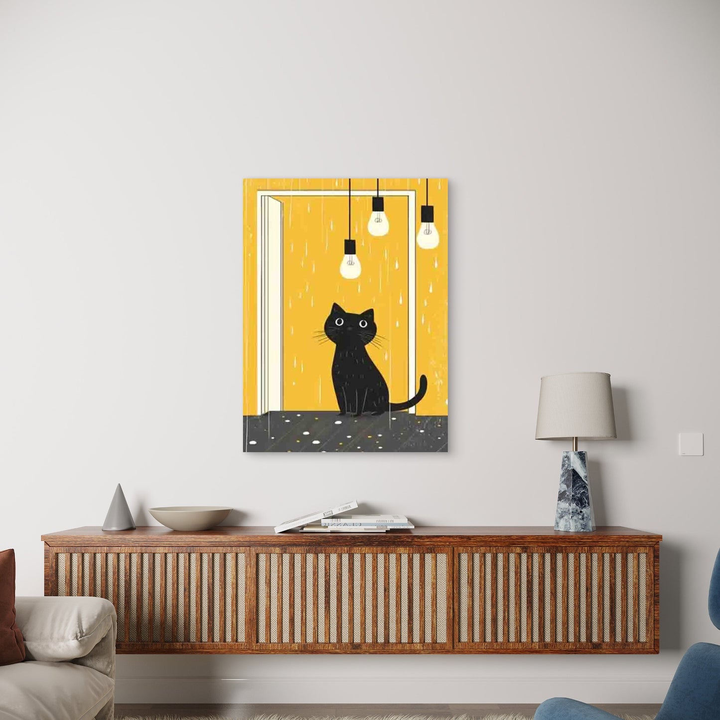 Black Cat Under Light Bulbs 60x90cm Metal Print Ready to Hang