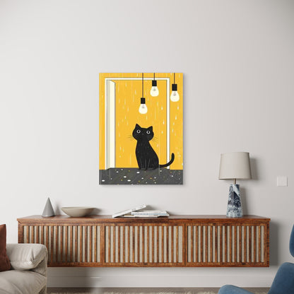 Black Cat Under Light Bulbs 60x90cm Metal Print Ready to Hang