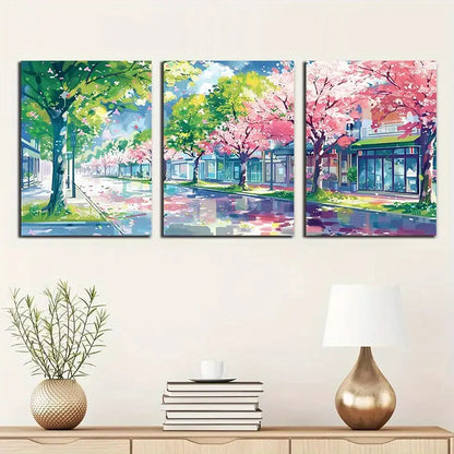 3pcs Anime Cherry Blossom & Tokyo Street View Metal Print Ready to Hang Art - Bella Home Decor