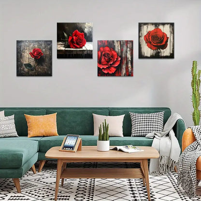 4pcs Red Rose Water Splash  Wall Art Canvas Framed