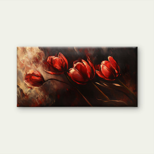 Red Tulips Dark Floral Painting Wall Art Canvas Office Home Room Framed 120x60cm